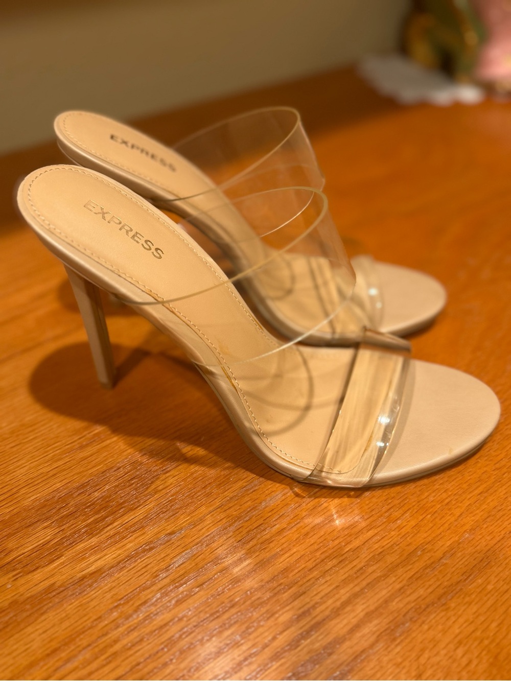 Express Beige Nude Clear-Strap Stiletto Heels